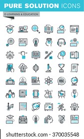 Modern thin line flat design icons set of online education, video tutorials, e-book, science, creative process, university and courses. Outline icon collection for web graphic.