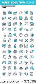 Modern thin line flat design icons set of business communication and technology, office items, internet advertising and security, basic company information. Outline icon collection for web graphic.