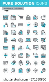 Modern thin line flat design icons set of online shopping, online payment and security, product delivery, customer support. Outline icon collection for web graphic.