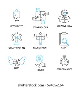 Modern Thin Line Icon Or Pictogram With Word Key Success,stakeholder,creative Idea, Strategy Plan Recruitment,audit,loss,profit. Business Management And Finance Concept. Vector Designed Illustration.