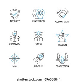 Modern Thin Line Icon or Pictogram with word integrity,innovation,commitment,creativity,people,passion,goal,growth,connection. Business Core Value Concept.