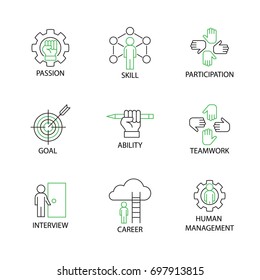 Modern Thin Line Icon Or Pictogram With Word Passion,Skill,Participation,Goal,Ability,Teamwork,Interview,Career,Human Management. Business And Management Concept.Editable Stroke.