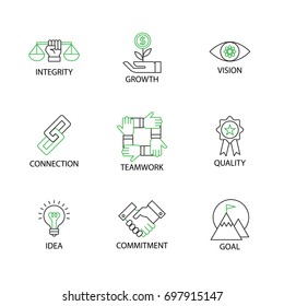 Modern Thin Line Icon Or Pictogram With Word Integrity,vision,growth,connection,quality,teamwork,commitment,idea,goal. Business Core Value Concept. Editable Line Stroke.