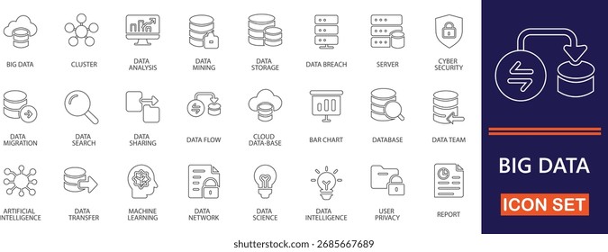 A modern thin line icon set covering key big data concepts such as analytics, cloud storage, AI, machine learning, and data mining. Ideal for dashboards, tech presentations, apps, and digital platform