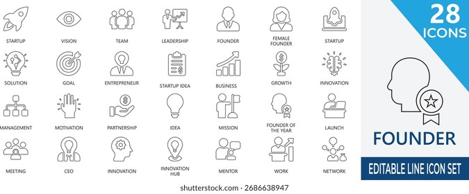 A modern  thin line icon set representing founders, entrepreneurs, leadership, and startup concepts. Perfect for apps, websites, presentations, and stock platforms needing  and clear business.