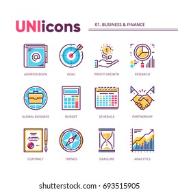 Modern thin line icons collection of business and finance. High quality outline pictogram set based on 64x64 pixels grid. Global colors. Vector pack for web graphics or print.