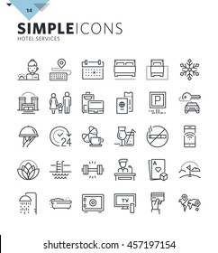 Modern thin line icons of hotel services and booking. Premium quality outline symbol collection for web and graphic design, mobile app. Mono linear pictograms, infographics and web elements pack.