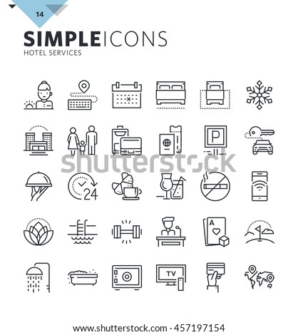 Modern thin line icons of hotel services and booking. Premium quality outline symbol collection for web and graphic design, mobile app. Mono linear pictograms, infographics and web elements pack.