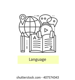 Ícones de linha fina modernos de aprendizagem de línguas estrangeiras, escola de treinamento de idiomas. Conceito de uma coleção de vetores.