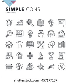 Modern thin line icons of online education and e-learning. Premium quality outline symbol collection for web and graphic design, mobile app. Mono linear pictograms, infographics and web elements pack.