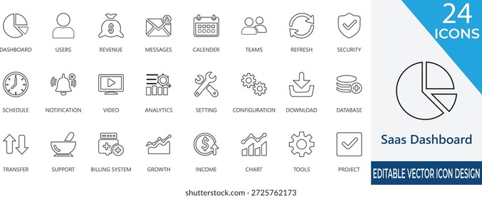 Iconos de línea delgada modernos de panel SaaS, nube, software, datos, análisis, usuario, interfaz, flujo de trabajo, automatización y panel de administración empresarial.