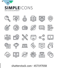 Modern thin line icons of SEO and web development. Premium quality outline symbol collection for web and graphic design, mobile app. Mono linear pictograms, infographics and web elements pack.