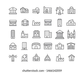 Modern thin line icons set of buildings. Premium quality symbols. Simple pictograms for web sites and mobile app. Vector line icons isolated on a white background.