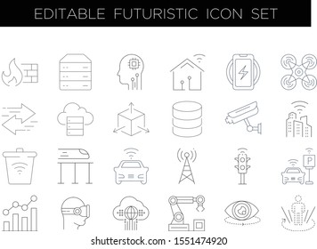 Modern thin line icons set of future technology and artificial intelligent. Stroke vector logo concept, web graphics - Vector