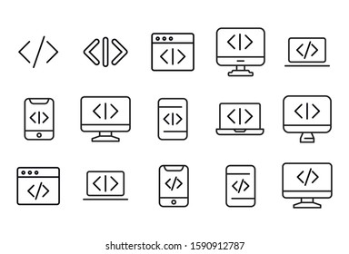 Modern thin line icons set of coding. Premium quality symbols. Simple pictograms for web sites and mobile app. Vector line icons isolated on a white background.