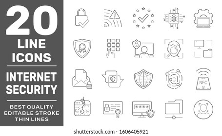 Modern thin line icons set of internet services and internet security. Simple linear pictogram pack. Vector logo concept for web graphics. Editable Stroke. EPS 10
