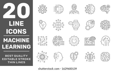 Modern thin line icons set of data science technology, machine learning process and AI. Premium quality symbol collection. Vector logo concept, web graphics. Editable Stroke. EPS 10