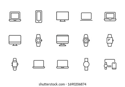 Conjunto moderno de iconos de línea delgada de dispositivos. Símbolos de calidad superior. Programas simples para sitios web y aplicaciones móviles. Iconos de línea de vectores aislados en un fondo blanco.