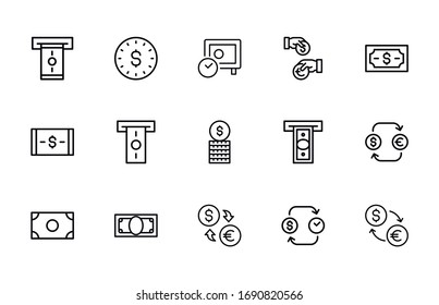 Moderne, dünne Linien-Symbole setzen auf Währung. Symbole in Premium-Qualität. Einfache Piktogramme für Webseiten und mobile App. Vektorillustration-Zeilensymbole einzeln auf weißem Hintergrund.