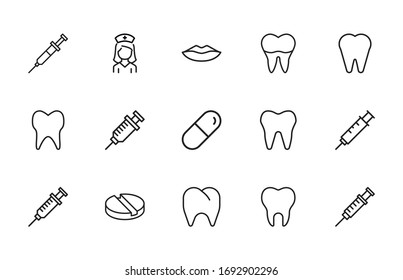 Conjunto moderno de iconos delgados de la odontología. Símbolos de calidad superior. Programas simples para sitios web y aplicaciones móviles. Iconos de línea de vectores aislados en un fondo blanco.