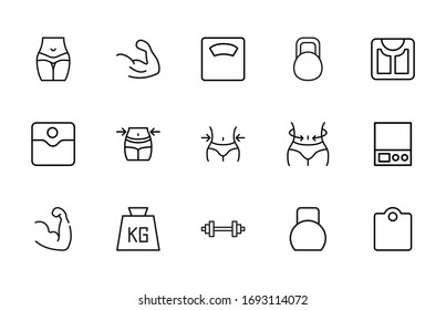 Modern thin line icons set of bodybuilding. Premium quality symbols. Simple pictograms for web sites and mobile app. Vector line icons isolated on a white background.