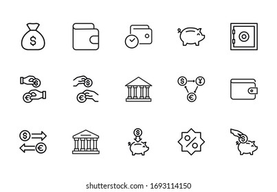 Modern thin line icons set of banking. Premium quality symbols. Simple pictograms for web sites and mobile app. Vector line icons isolated on a white background.