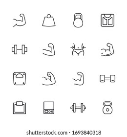 Modern thin line icons set of bodybuilding. Premium quality symbols. Simple pictograms for web sites and mobile app. Vector line icons isolated on a white background.