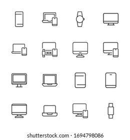 Conjunto moderno de iconos de línea delgada de dispositivos. Símbolos de calidad superior. Programas simples para sitios web y aplicaciones móviles. Iconos de línea de vectores aislados en un fondo blanco.