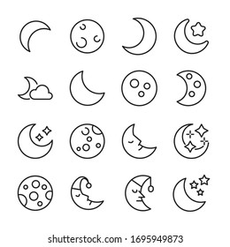 Modern thin line icons set of moon. Premium quality symbols. Simple pictograms for web sites and mobile app. Vector line icons isolated on a white background.