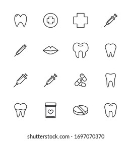 Conjunto moderno de iconos delgados de la odontología. Símbolos de calidad superior. Programas simples para sitios web y aplicaciones móviles. Iconos de línea de vectores aislados en un fondo blanco.
