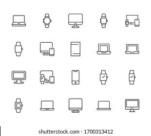 Modern thin line icons set of devices. Premium quality symbols. Simple pictograms for web sites and mobile app. Vector line icons isolated on a white background.