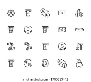 Modernos iconos de línea delgada conjunto de moneda. Símbolos de calidad superior. Programas simples para sitios web y aplicaciones móviles. Iconos de línea de vectores aislados en un fondo blanco.