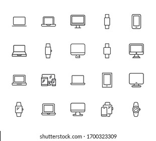 Conjunto moderno de iconos de línea delgada de dispositivos. Símbolos de calidad superior. Programas simples para sitios web y aplicaciones móviles. Iconos de línea de vectores aislados en un fondo blanco.