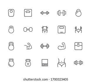 Modern thin line icons set of bodybuilding. Premium quality symbols. Simple pictograms for web sites and mobile app. Vector line icons isolated on a white background.
