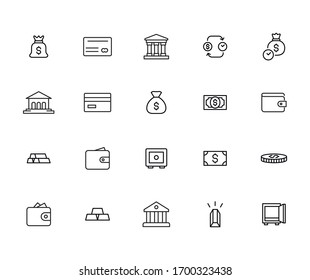 Moderne Thin Line Icons Set of Banking. Symbole in Premium-Qualität. Einfache Piktogramme für Webseiten und mobile App. Vektorillustration-Zeilensymbole einzeln auf weißem Hintergrund.