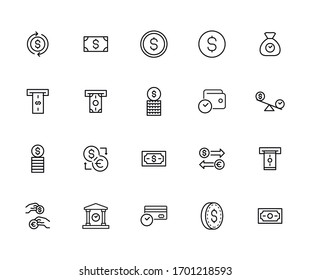 Modern thin line icons set of currency. Premium quality symbols. Simple pictograms for web sites and mobile app. Vector line icons isolated on a white background.