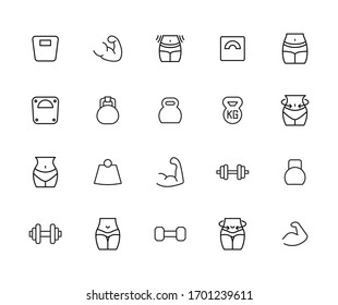 Modern thin line icons set of bodybuilding. Premium quality symbols. Simple pictograms for web sites and mobile app. Vector line icons isolated on a white background.