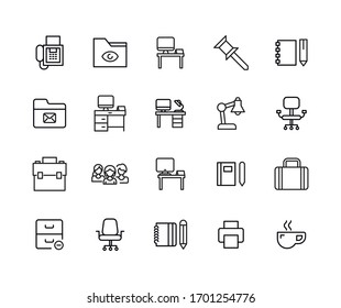 Moderne, dünne Linien-Ikonen Set von Büro. Symbole in Premium-Qualität. Einfache Piktogramme für Webseiten und mobile App. Vektorillustration-Zeilensymbole einzeln auf weißem Hintergrund.