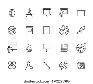 Moderne, dünne Linien-Ikonen Set von Schule. Symbole in Premium-Qualität. Einfache Piktogramme für Webseiten und mobile App. Vektorillustration-Zeilensymbole einzeln auf weißem Hintergrund.