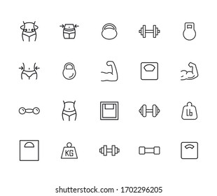 Modern thin line icons set of bodybuilding. Premium quality symbols. Simple pictograms for web sites and mobile app. Vector line icons isolated on a white background.