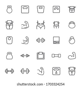 Modern thin line icons set of bodybuilding. Premium quality symbols. Simple pictograms for web sites and mobile app. Vector line icons isolated on a white background.