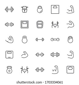 Modern thin line icons set of bodybuilding. Premium quality symbols. Simple pictograms for web sites and mobile app. Vector line icons isolated on a white background.