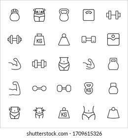Modern thin line icons set of bodybuilding. Premium quality symbols. Simple pictograms for web sites and mobile app. Vector line icons isolated on a white background.