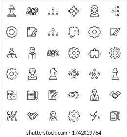 Conjunto de iconos modernos de línea delgada de administración de proyectos. Símbolos de calidad premium. Pictogramas simples para sitios web y aplicaciones móviles. Iconos de línea de vectores aislados en un fondo blanco.