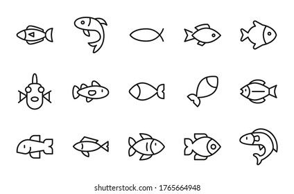Modernos iconos de línea delgada conjunto de peces. Símbolos de calidad premium. Pictogramas simples para sitios web y aplicaciones móviles. Iconos de línea de vectores aislados en un fondo blanco.