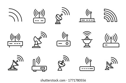 Moderno conjunto de iconos de línea delgada de conexión inalámbrica. Símbolos de calidad premium. Pictogramas simples para sitios web y aplicaciones móviles. Iconos de línea de vectores aislados en un fondo blanco.