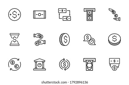 Moderno conjunto de iconos de línea delgada de moneda. Símbolos de calidad premium. Pictogramas simples para sitios web y aplicaciones móviles. Iconos de línea de vectores aislados en un fondo blanco.