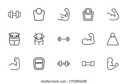 Modern thin line icons set of bodybuilding. Premium quality symbols. Simple pictograms for web sites and mobile app. Vector line icons isolated on a white background.