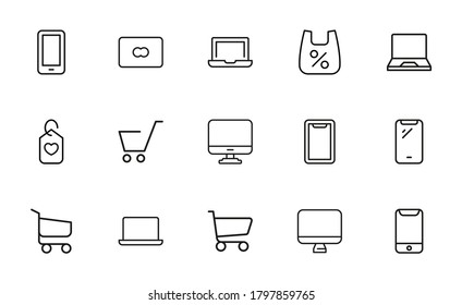 Iconos modernos de delgada línea conjunto de compras en línea. Símbolos de calidad premium. Pictogramas simples para sitios web y aplicaciones móviles. Iconos de línea de vectores aislados en un fondo blanco.