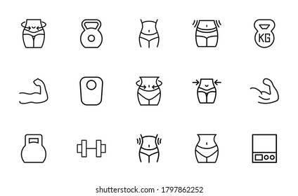 Modern thin line icons set of bodybuilding. Premium quality symbols. Simple pictograms for web sites and mobile app. Vector line icons isolated on a white background.